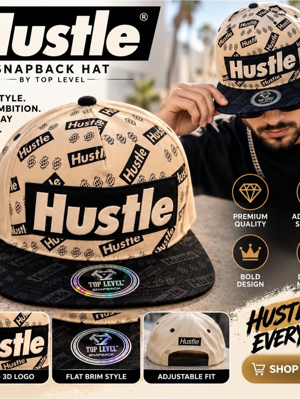 Hustle Beige and Black Snapback Hat by Top Level